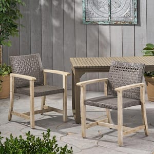 Hampton Light Grey Wash Curved Wood Outdoor Dining Chair in Mixed Black Faux Rattan Seat (2-Pack)
