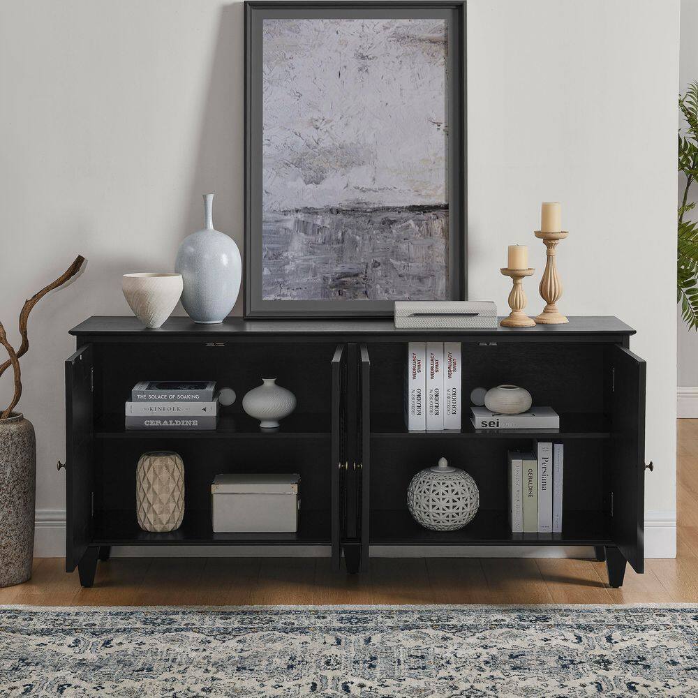65 in. Black MDF Sideboard Buffet Cabinet with Geometric Accent Storage Media Console for Living Room Entryway