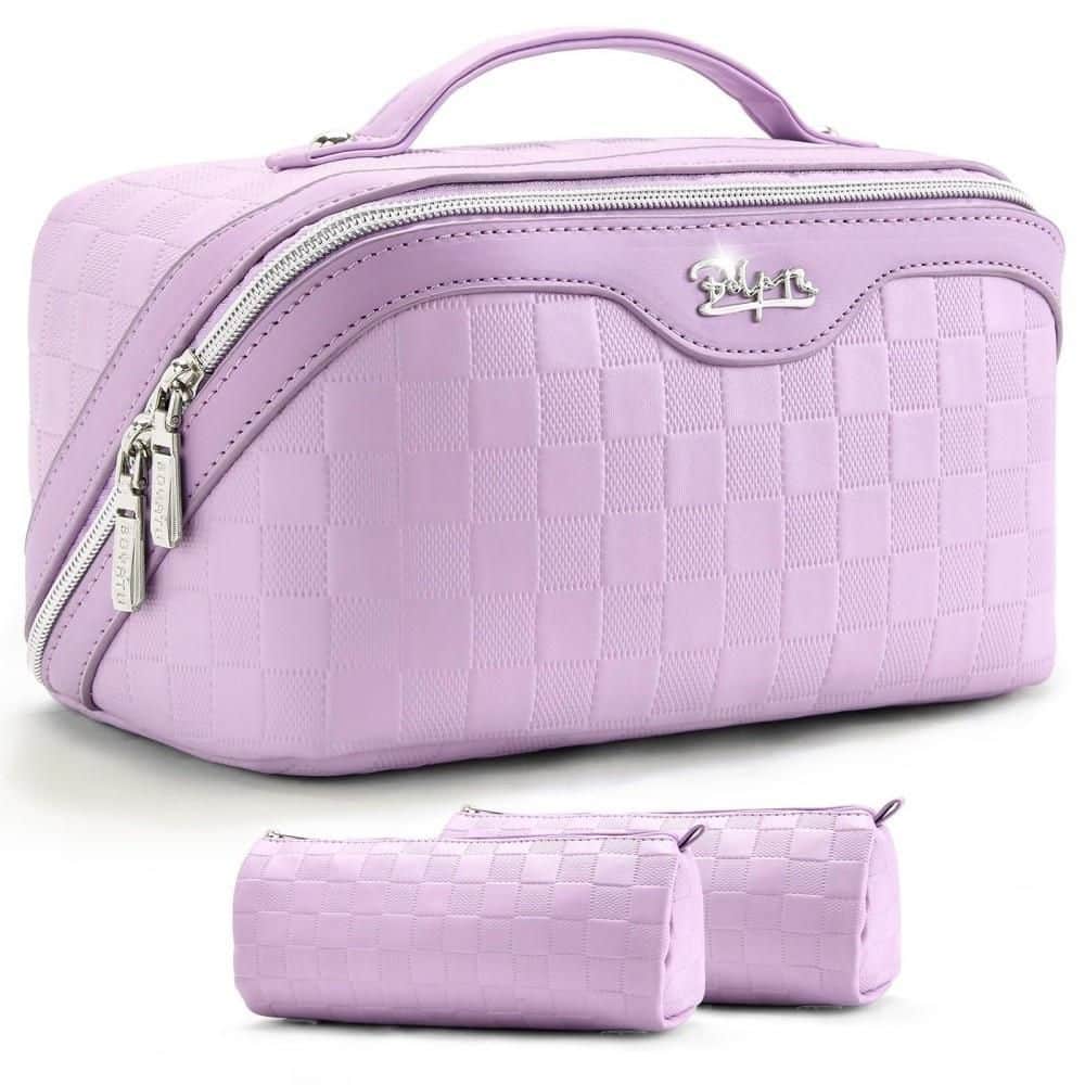 3-Piece Large Capacity Checkered Garment Bag, Waterproof Faux Leather Toiletry Organizer with Detachable Pouches, Purple
