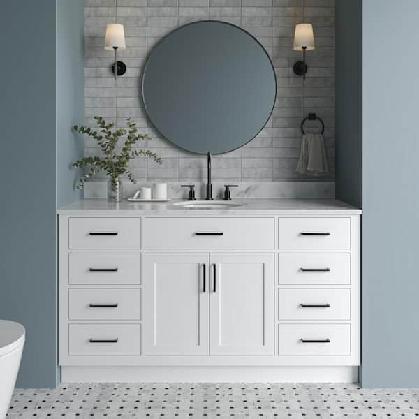 ARIEL Hepburn 61 in. W x 22 in. D x 35.25 in. H Bath Vanity in White with Carrara Marble Vanity Top in White with White Basin