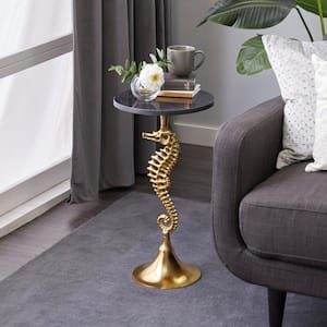 13 in. Gold Sea Horse Large Round Marble End Table with Black Marble Table Top