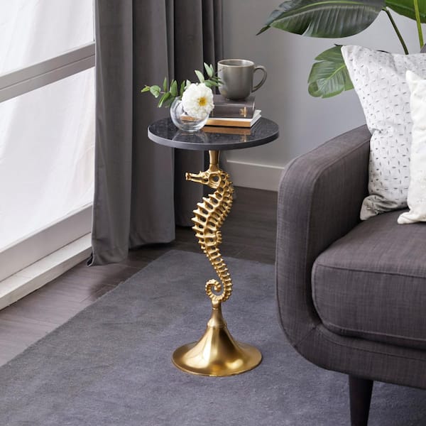 Litton Lane 13 in. Gold Sea Horse Large Round Marble End Table with Black Marble Table Top