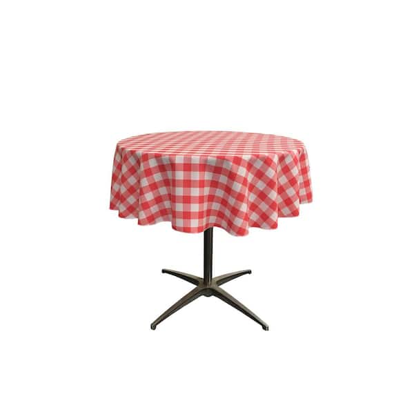 LA Linen 51 in. White and Coral Polyester Gingham Checkered Round Tablecloth