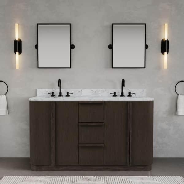 Oxford 60 in. Double Sinks Freestanding Charcoal Oak Bath Vanity with Carrara White Marble Top Pre-Assembled
