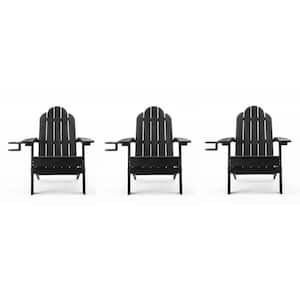 Black Foldable Plastic Outdoor Patio Adirondack Chair with Cup Holder for Garden/Backyard/Firepit/Pool/Beach (Set of 3)