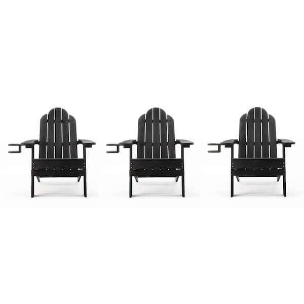 LUE BONA Black Foldable Plastic Outdoor Patio Adirondack Chair with Cup Holder for Garden/Backyard/Firepit/Pool/Beach (Set of 3)