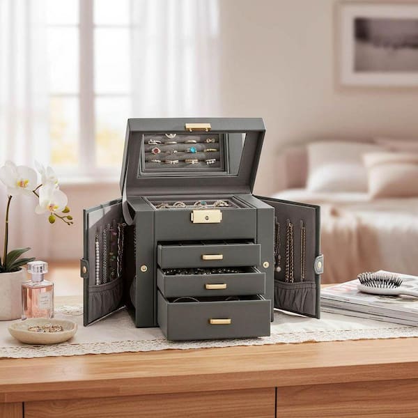 4-Tier Jewelry Box Faux Leather Jewelry Storage Organizer with 3