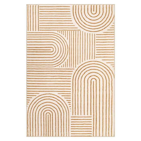 Abstract Rainbow Striped Washable Non-Slip Beige 6 ft. x 9 ft. Living Room Bedroom Area Rug