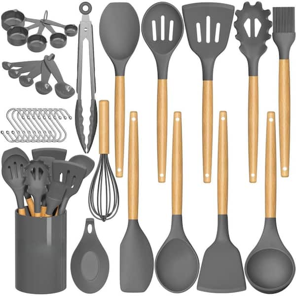 33-Pack Kitchen Cooking Utensils Set, Non-Stick Silicone Cooking Utensils Set with Holder, Wooden Handle, Gray