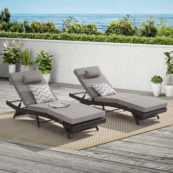 Unbranded 2-Piece Wicker Outdoor Chaise Lounge Reclining Lounge Chair with Adjustable Backrest and Light Gray Cushions