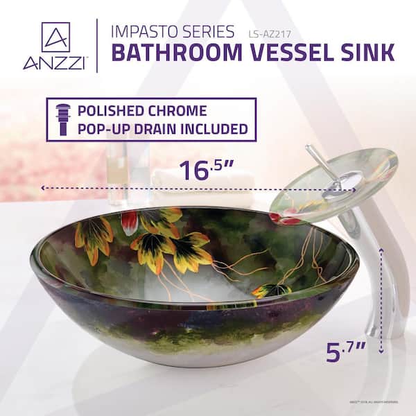 ANZZI Impasto Series Vessel Sink in Hand Painted Mural with Matching Chrome Waterfall Faucet ANZZI Impasto Series Vessel Sink in Hand Painted Mural with Matching Chrome Waterfall Faucet