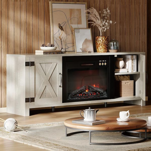 Farmhouse 63 in. Freestanding Electric Fireplace TV Stand Fits TVs up to 70 in. with Storage Cabinet in Wash Grey