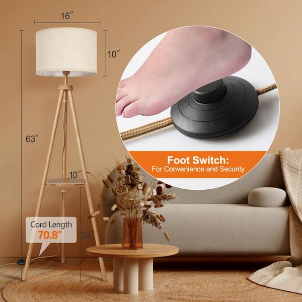 【まにゃ】ライトブラウン BICIK 63 in. Wood Color Dimmable Oak Tripod Floor Lamp with