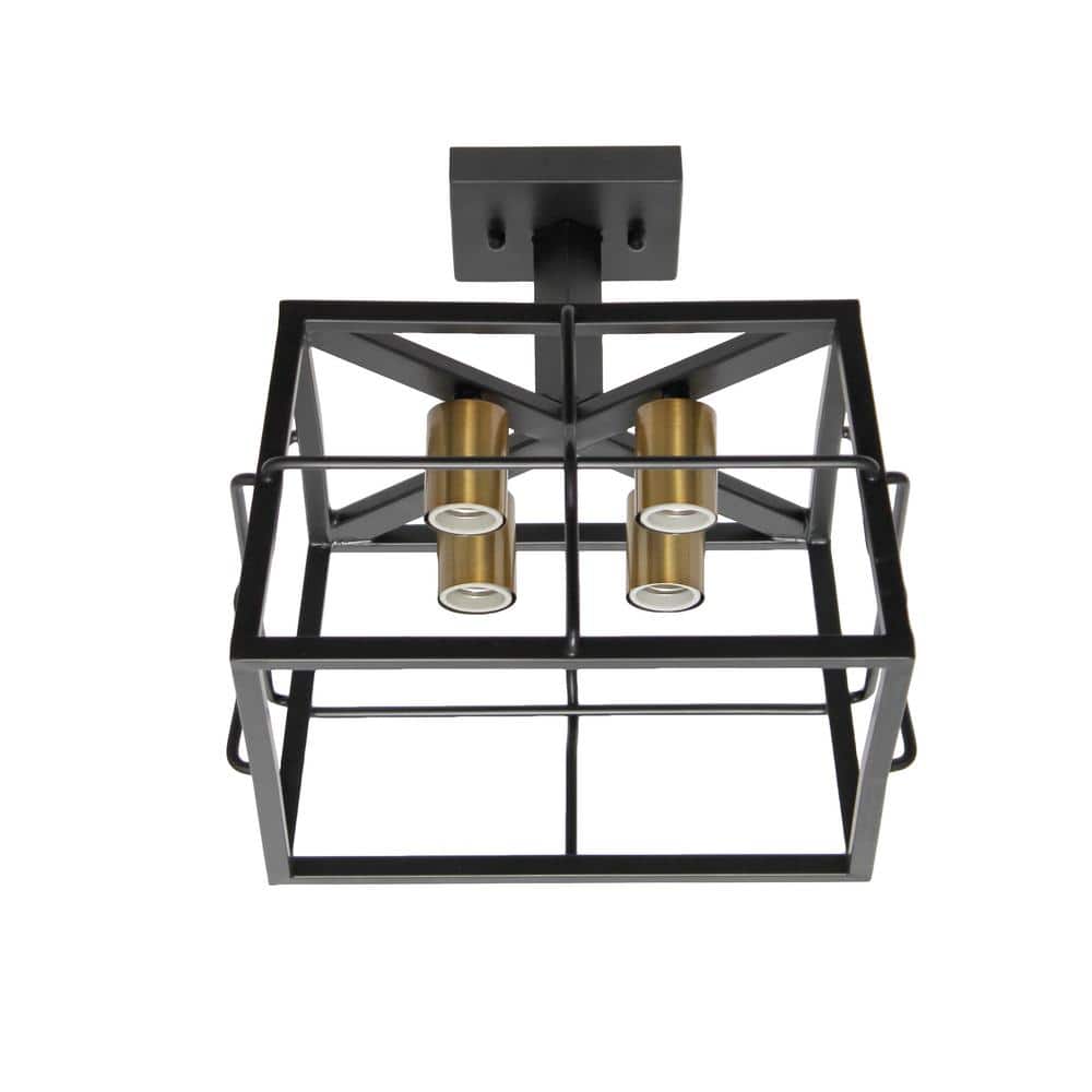 Industrial Black Metal Square Semi Flush Mount Ceiling Fixture with LED Lights