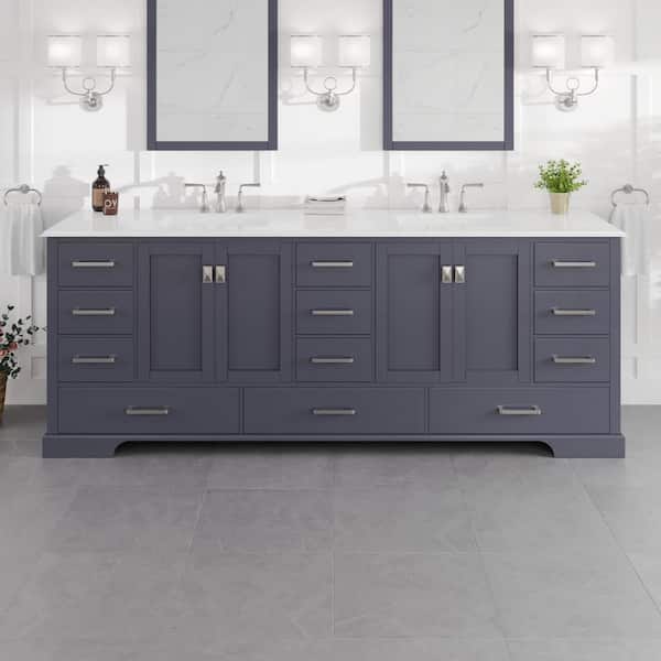Frontier 84 in. Double Sink Dark Gray Bath Vanity with White Carrara Quartz Top (Assembled)