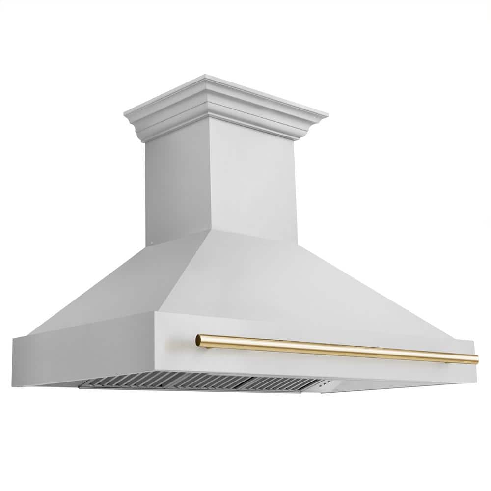 ZLINE Kitchen and Bath Autograph Edition 48 in. 700 CFM Ducted Vent Wall Mount Range Hood with Polished Gold Handle in Stainless Steel, Brushed 430 Stainless Steel & Polished Gold