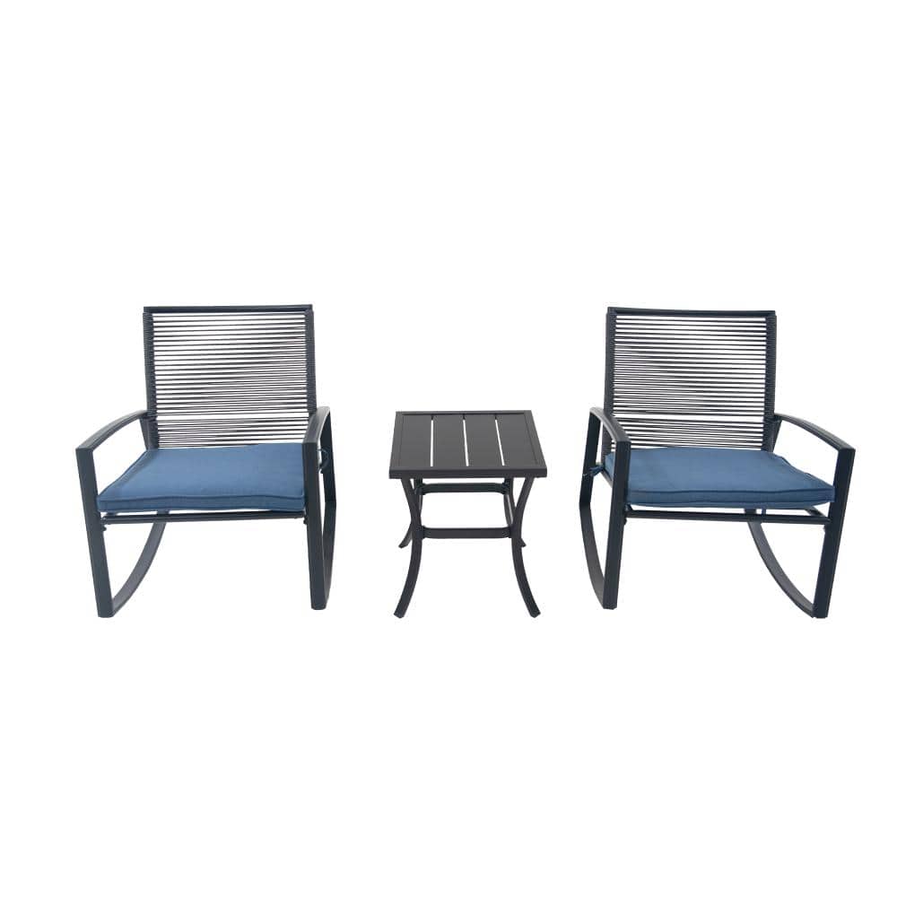 3-Piece Outdoor Metal Rocking Bistro Set with 2 Rocking Chairs, Square Table and Blue Cushions for Patio price history on PriceWatchPro