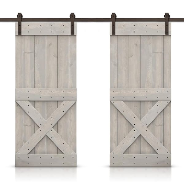 CALHOME Mini X 40 in. x 84 in. Silver Gray Stained DIY Solid Pine Wood Interior Double Sliding Barn Door with Hardware Kit