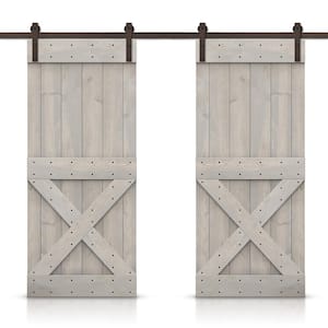Mini X 68 in. x 84 in. Silver Gray Stained DIY Solid Pine Wood Interior Double Sliding Barn Door with Hardware Kit