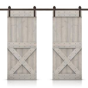 Mini X 80 in. x 84 in. Silver Gray Stained DIY Solid Pine Wood Interior Double Sliding Barn Door with Hardware Kit