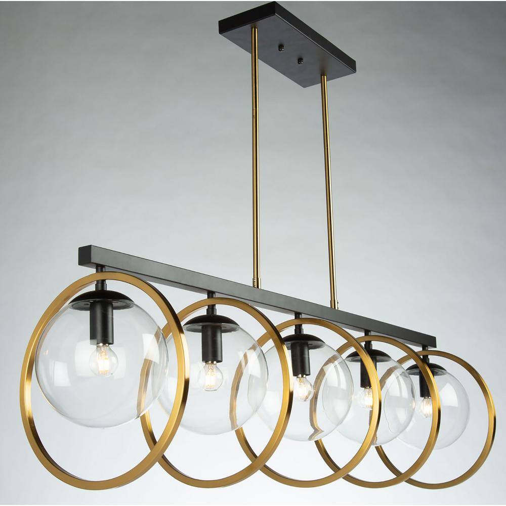 Lugano Elegance 5-Light Chandelier in Black and Vintage Brass with Clear Glass Shades