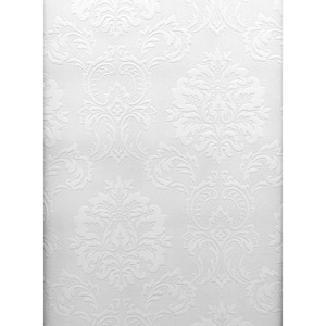 Paintable Damascene Regal Print White & Off-White Wallpaper Sample
