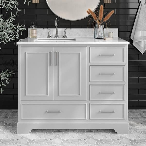 ARIEL Stafford 43 in. W x 22 in. D x 35.25 in. H Left Single Sink Bath Vanity in Grey with Carrara White Marble Top