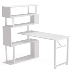 Lantz 47.24 in. L Shaped White Wood and Metal Rotating Computer Desk with 5 Shelves Bookshelf