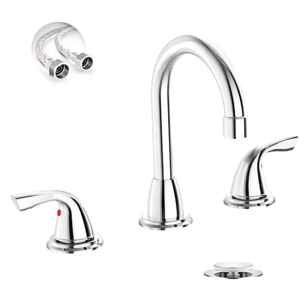 Chrome 8 in. Bathroom Sink Faucet Widespread 2 Handle with Metal Pop up Drain and Water Supply Lines