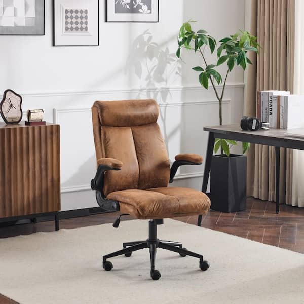 Faux Leather Fabric Swivel Task Chair in Vintage Brown with Adjustable Arms