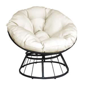 Outdoor Aluminium 360-Degree Swivel Saucer Chair with Fluffy Beige Cushion, Deep Seating Accent Moon Chair
