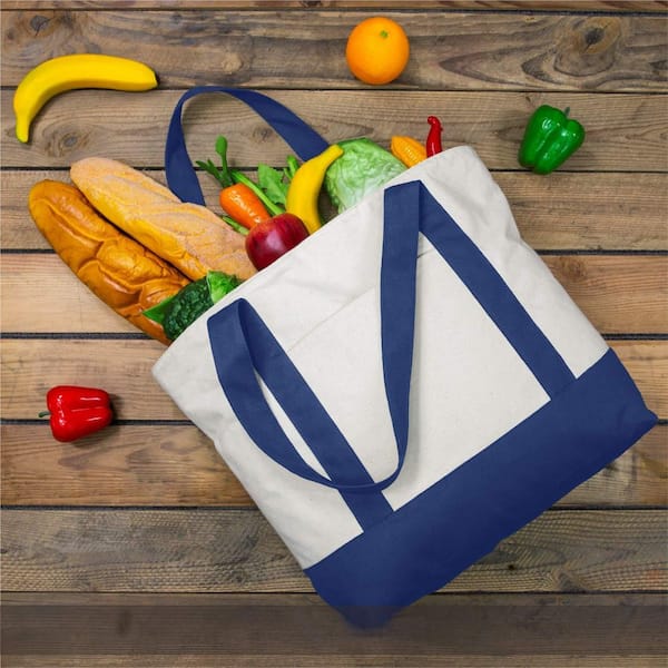 1-Pack Blue Reusable Grocery Bag with An External Pocket and Top Zipper Closure