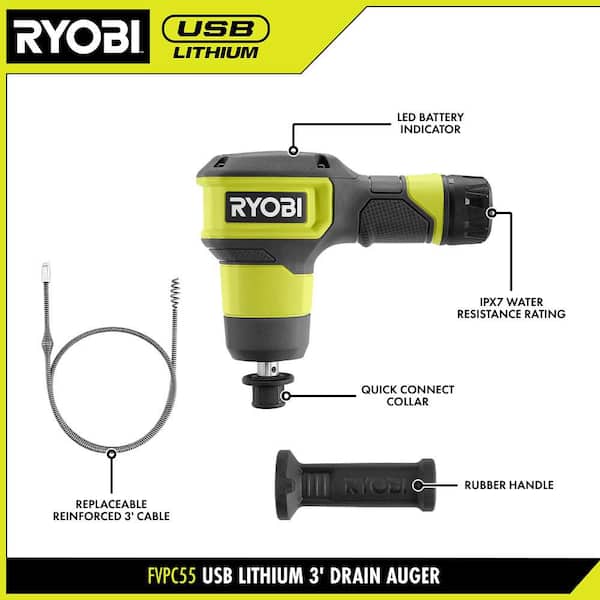 RYOBI USB Lithium Cordless Drain Auger with 2.0 Ah USB Lithium