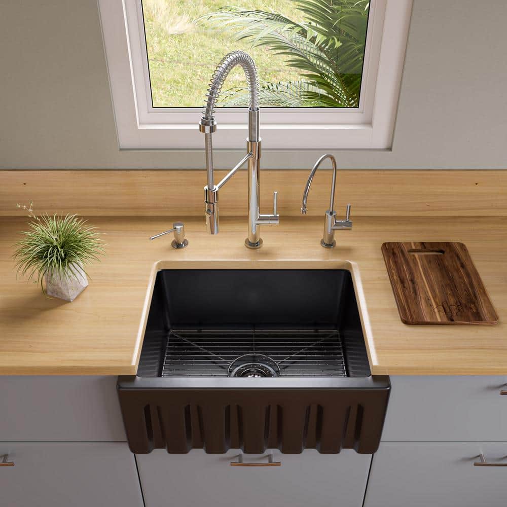 24'' Gloss Black Fireclay Farmhouse Drop-In Sink
