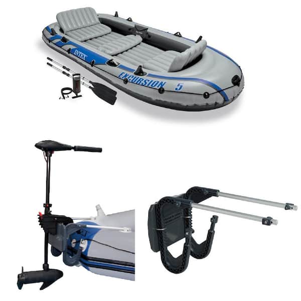 Intex 12 ft. Inflatable 5-Person Fishing Boat, Trolling Motor, & Boat Motor Mount Kit