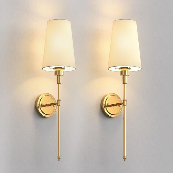 6 in. 1-Light Gold Wall Sconce with Long Fabric Shade, Set of 2 Modern Bedroom and Living Room Wall Lights