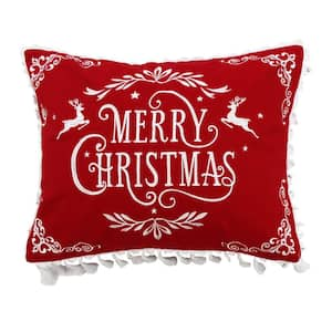 Folk Deer Red Embroidered "Merry Christmas" 14 in. x 18 in. Throw Pillow