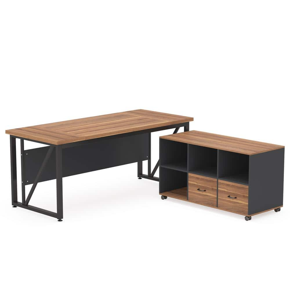 BYBLIGHT Lanita 63 in. L-Shaped Walnut Wood 2-Drawer Executive Desk ...