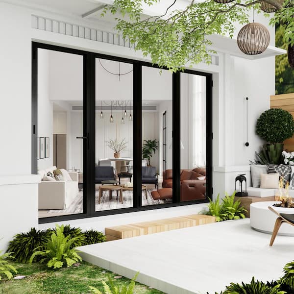 120 in. x 80 in. Right Swing/Outswing Double Tempered Glass Black Aluminum Folding Patio Door (3-Folding Plus 1-Swing)