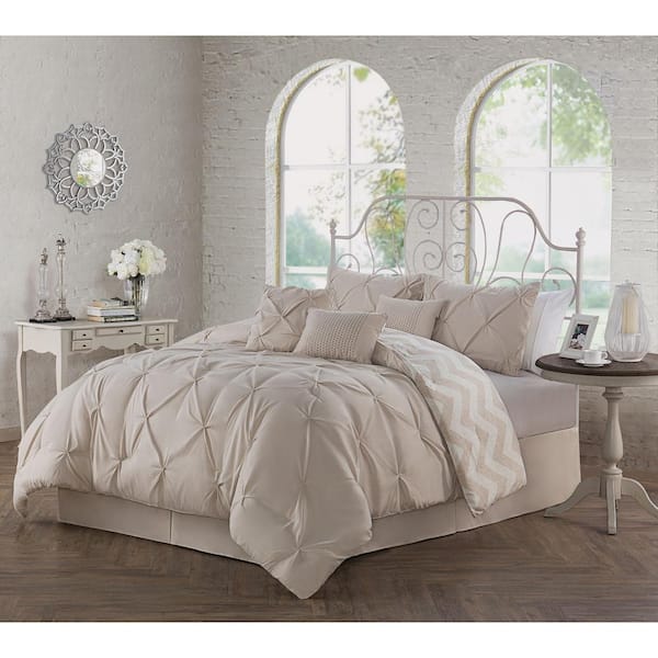 Avondale Manor Ella Pinch Pleat Taupe King Reversible Comforter with Bedskirt