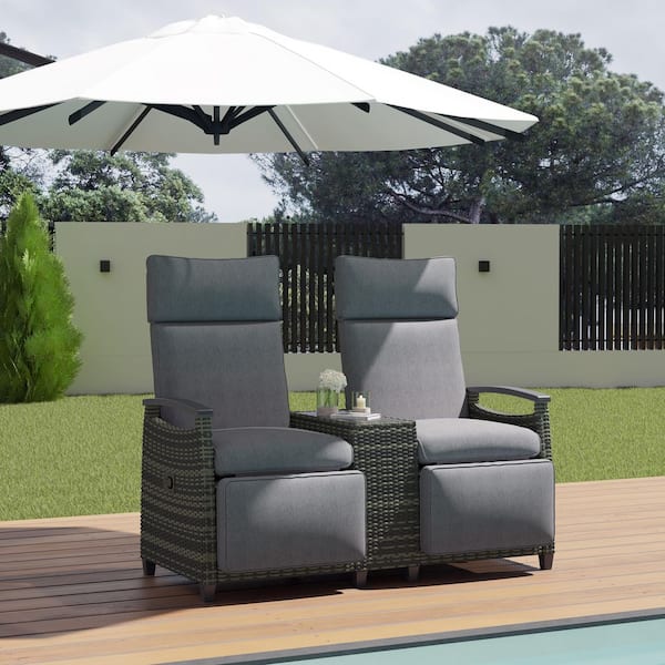 HomeAura Adjustable Backrest Wicker Outdoor Lounge Chair Set with Built-in Storage and Gray Cushion