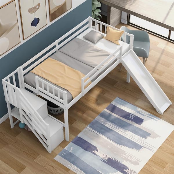 Magic Home White Twin Size Low Loft Bed, Twin Size Low Loft Bed With Staircase