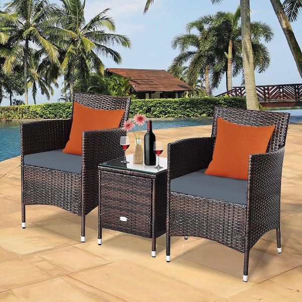 3-Pieces Rattan Patio Outdoor Furniture Set with Grey Cushioned Chairs Coffee Table