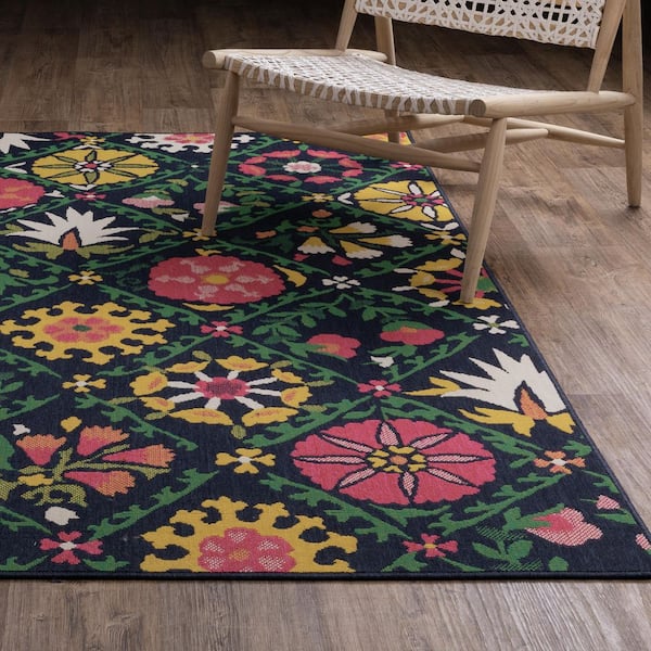 Hibiscus Navy/Multi 6 ft. x 9 ft. Textured Floral Lattice Polypropylene Indoor/Outdoor Area Rug