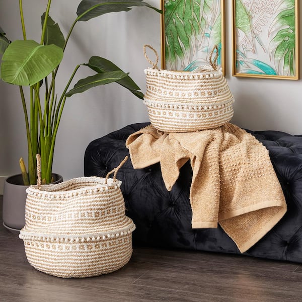 Litton Lane Wood Handmade Patterned Storage Basket with Handles (Set of 2)