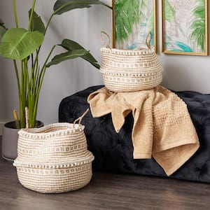 Wood Handmade Patterned Storage Basket with Handles (Set of 2)