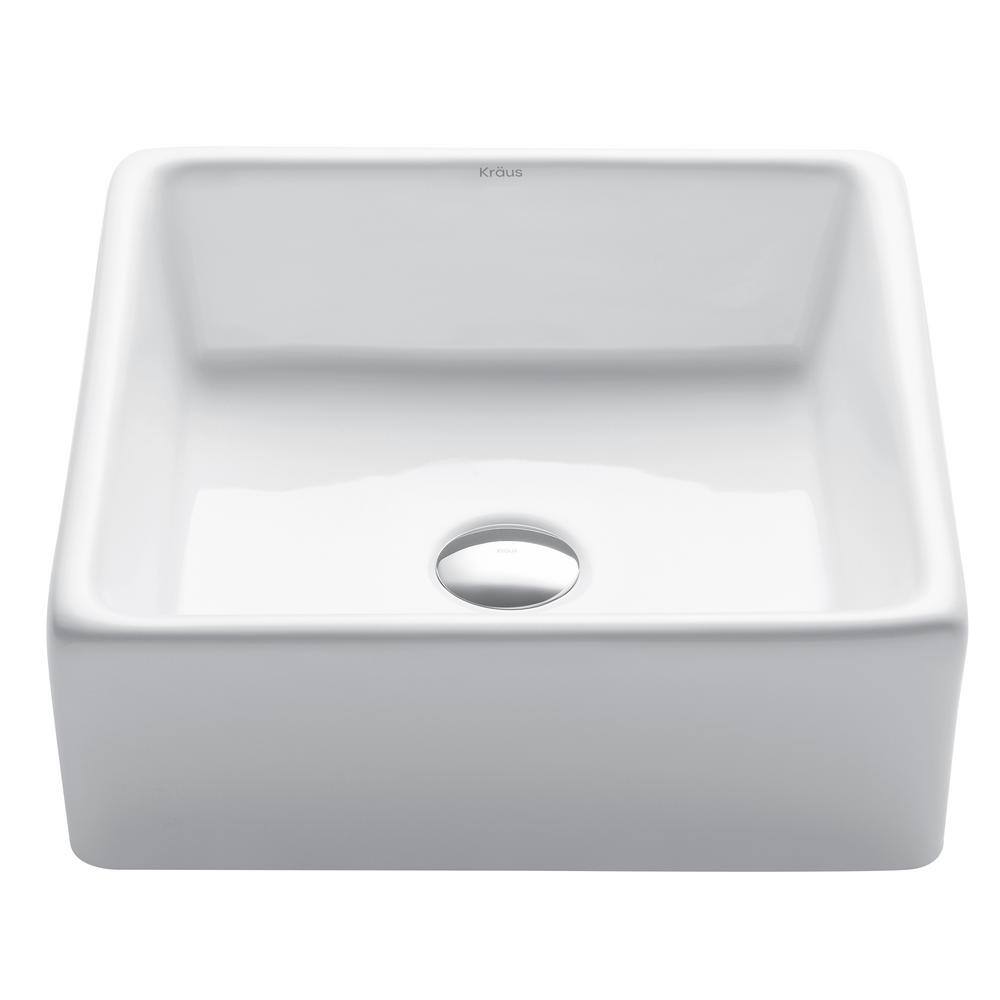White Ceramic Square Vessel Bathroom Sink, 15-inch