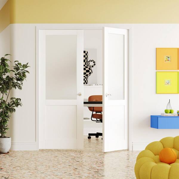 60 in. x 80 in. MDF Composite, Primed, White, 1/2 Lite, Frosted Glass Interior Door Slab with Silver Curved Doorknob
