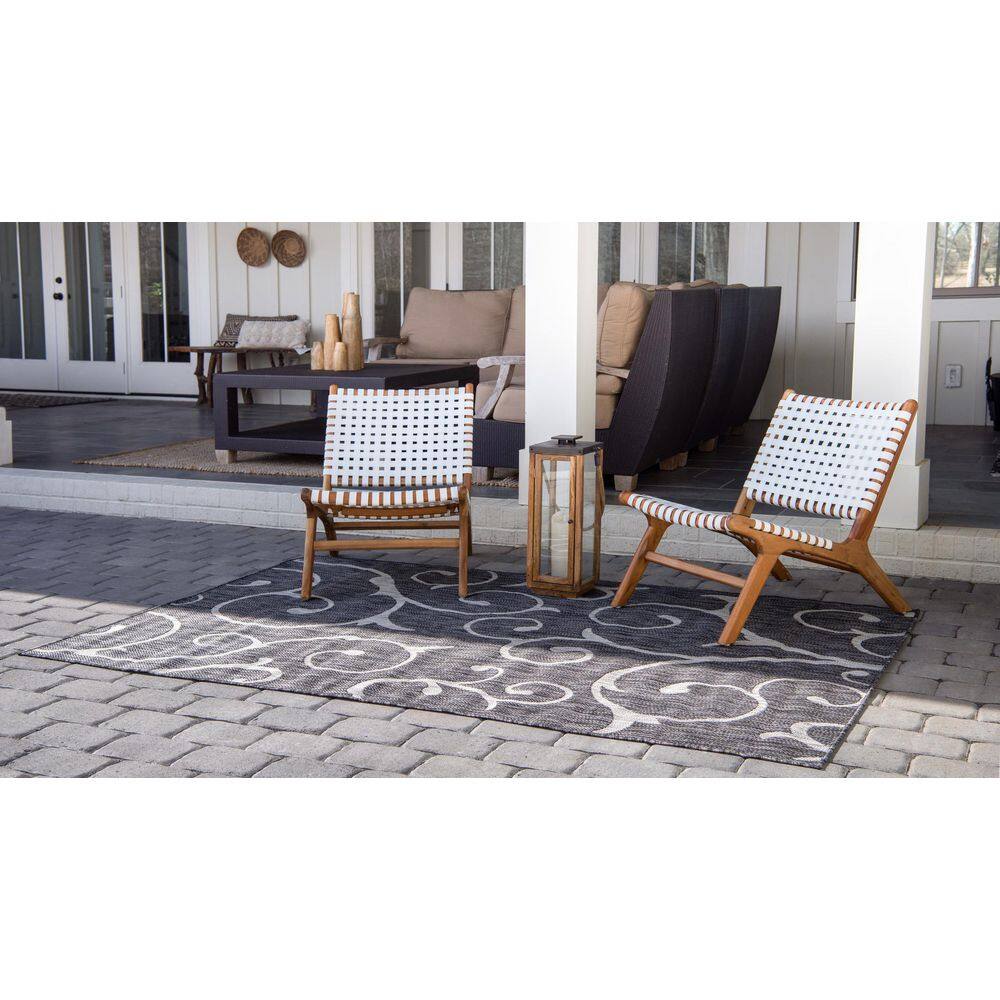 Gray Abstract Synthetic Rectangular Outdoor Area Rug