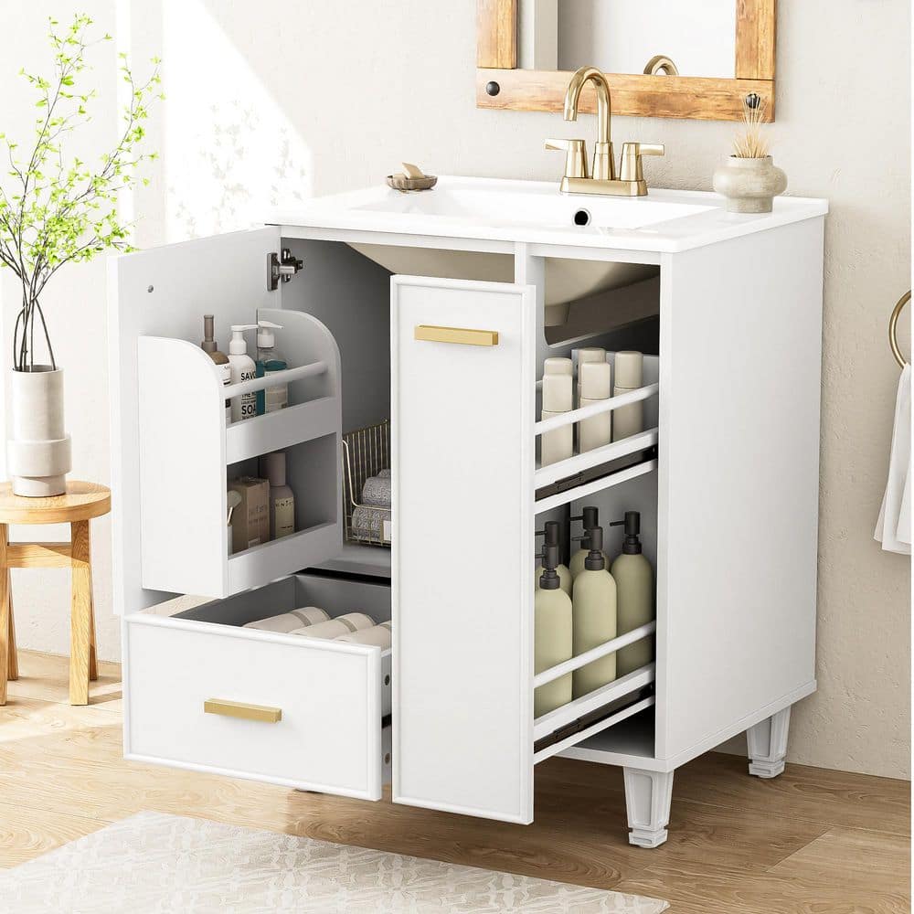24 in. Single Sink Freestanding White Bath Vanity with White Ceramic Sink Top, Solid Wood Frame and MDF Board price history on PriceWatchPro